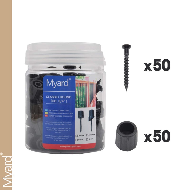 Myard 3/4" Anti-UV Black Baluster Connectors 50pcs for 25 Round Balusters with Stainless Steel Screws, No Drilling Fast Installation for Deck Handrail Staircase Balusters - Image 3
